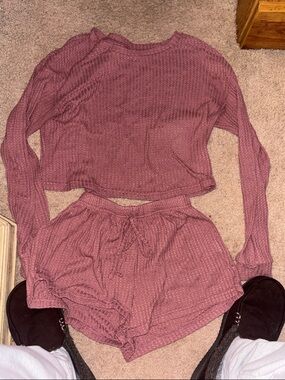 SHEIN Mauve Ribbed Long Sleeve Crop Top & Drawstring Shorts Set